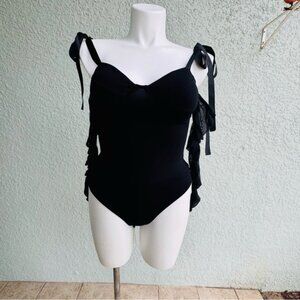 Fashion Nova M black bodysuit ribbon bows sheer sleeves sexy sweetheart neckline